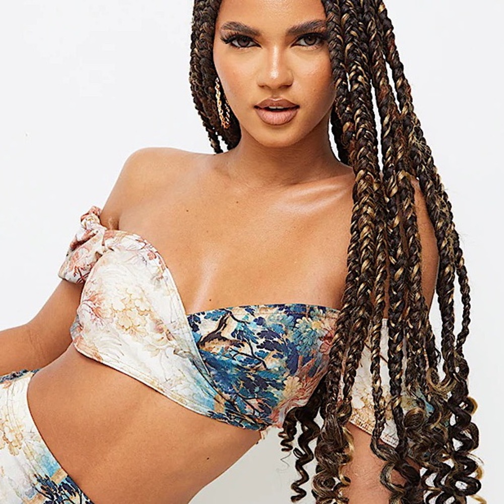 PRETTYLITTLETHING Off shoulder puff Cream Renaissance Print wrap front crop top